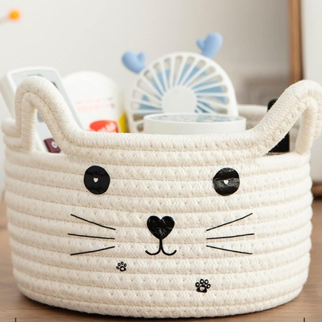 Zopeal Cat Basket Storage Woven Organizer with Ears Easter Decorative Gift Pet Toy Cute Cotton Rope Basket for Gift Cat Dog Toy Bin Nursery Room(8.3 x 4.7 Inch,White)