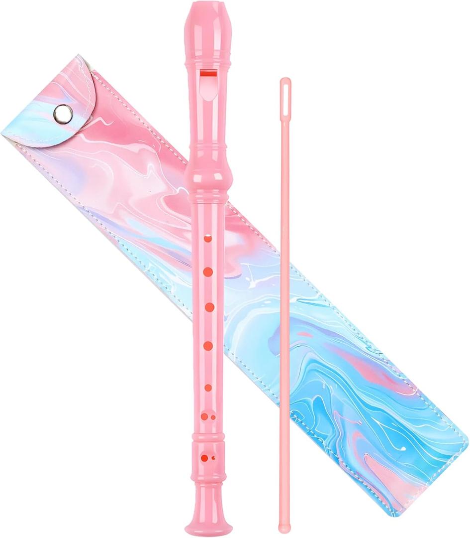 Soprano Recorder for Kids Beginners, German Fingering, C Key, 3 Piece with Cleaning Rod, Bag, Fingering Chart (Pink)