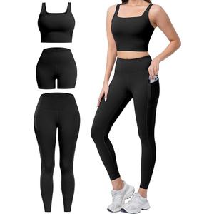 3 Piece Workout Sets for Women High Waisted Leggings with Pockets Tummy Control Biker Shorts Yoga Sports Bra Size M