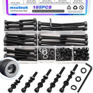mxuteuk 185PCS M5 Screws Assortment Set, M5 Hex Socket Head Cap Screws Bolts Nuts Kit, 12.9 Grade Alloy Steel Bolts with Hex Wrench (185PCS M5 x 30/35/40/45/50mm)