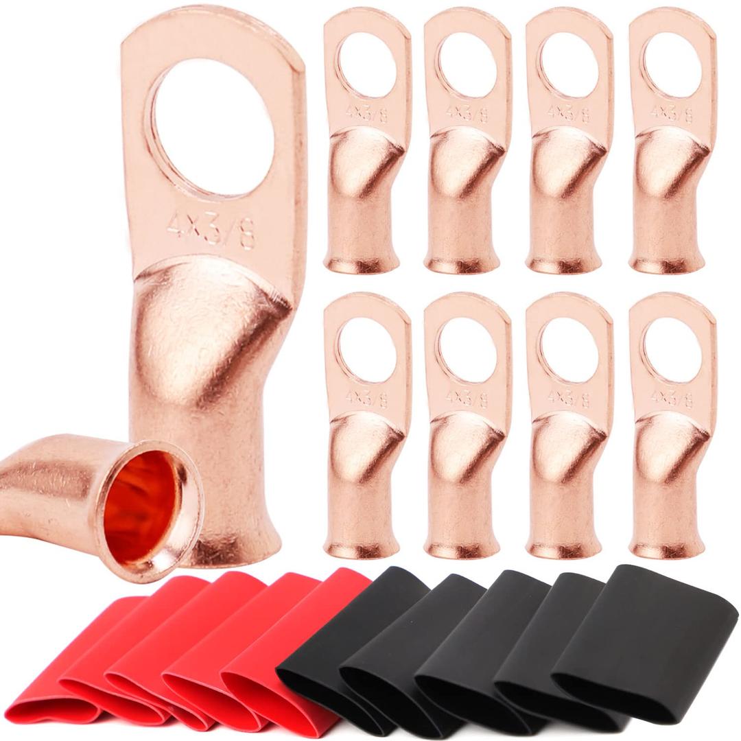 10pcs 4 Awg - 3/8" (M10) TKDMR Wire Lugs Ring Terminal Connectors Ends, UL Listed Heavy Duty for Battery Cable Lug Wire Electrical Eyelets with 3:1 Dual Wall Adhesive Heat Shrink