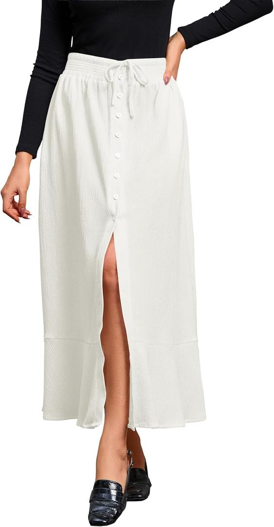 MAKABO Women's Maxi Pleated Skirt with Pockets, High Waisted A Line Long Skirts Button Down Business Casual Outfits (White, M)