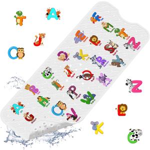 XIYUNTE Baby Bath Mat for Tub Non Slip Kids Bath Mat - 40''x16'' Extra Long Cartoon Bathtub Mat Non Slip Kids Shower Mat Eco-Friendly Toddler Bath Mats with Suction Cups, Machine Washable (H-white Alphabet)
