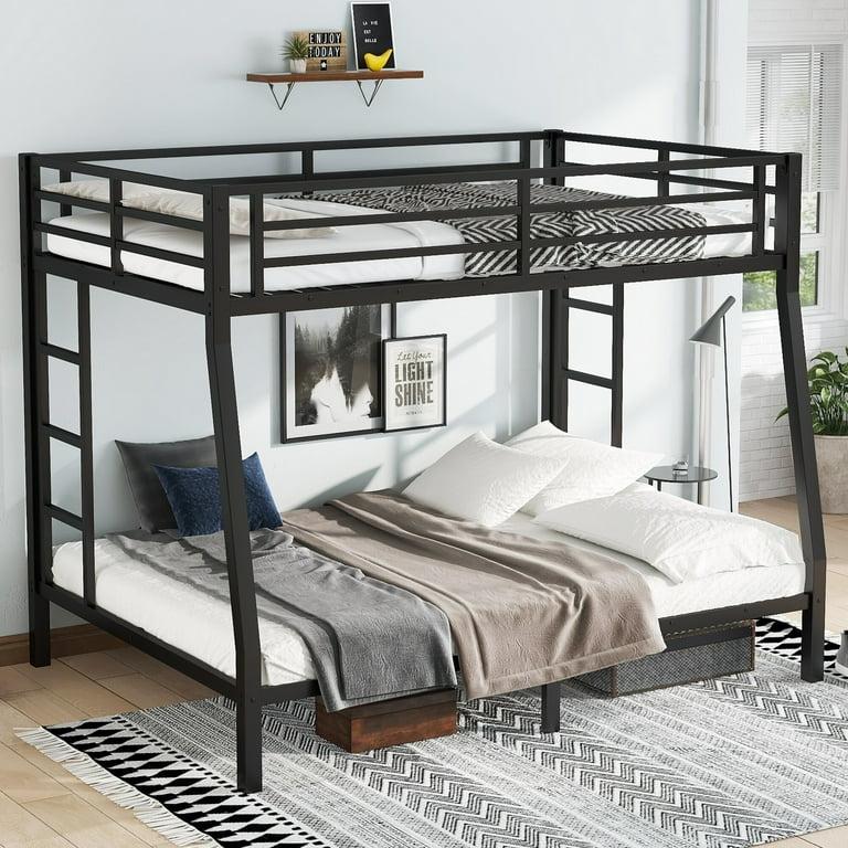 Morufur Metal Bunk Bed Full XL over Queen Size with Ladder & Guardrail, Metal Bed Frame for Room, Heavy Duty Sturdy Bunk Beds, No Spring Box Needed, Black