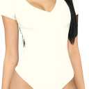 MANGDIUP Bodysuit For Women Short Sleeve V-Neck Casual Stretchy Basic T Shirt Bodysuit (Medium)
