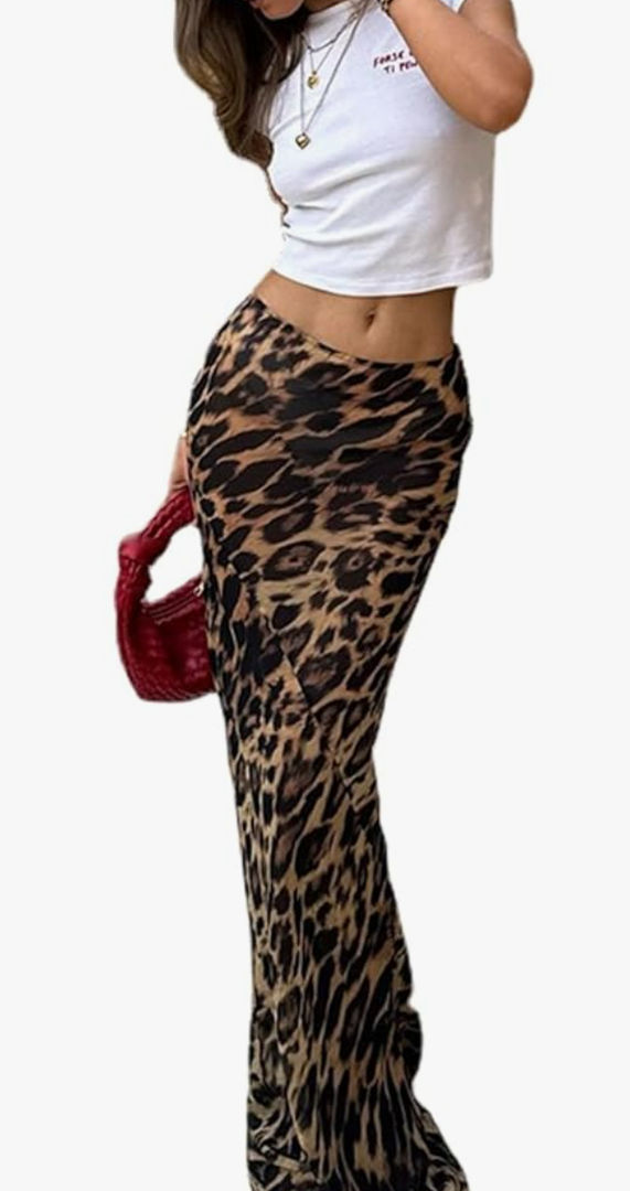 Leopard Print Maxi Skirt Floor Length Skirt Cute Satin Y2k Maxi Summer Skirts Long Skirts for Women Trendy, Size L