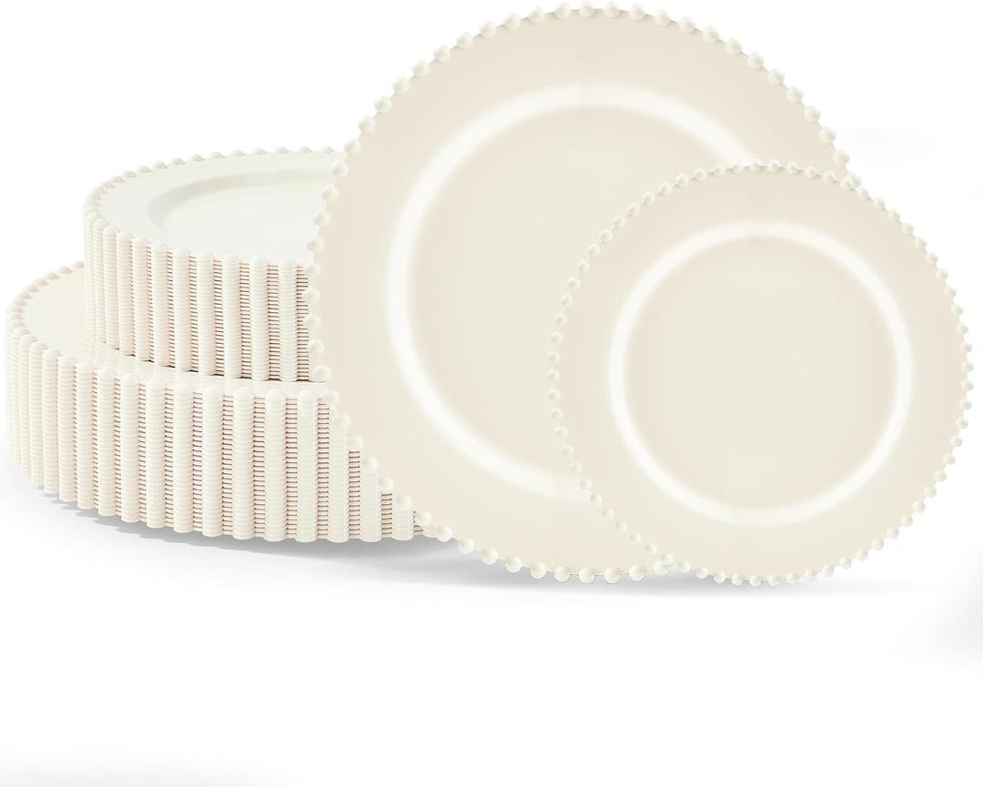 60PCS Ivory Plastic Plates - Beaded Ivory Disposable Plates - Premium Cream Plastic Plate Include 30 Dinner & 30 Dessert Disposable Plate for Birthday, Baby Shower Spring, Wedding & Party