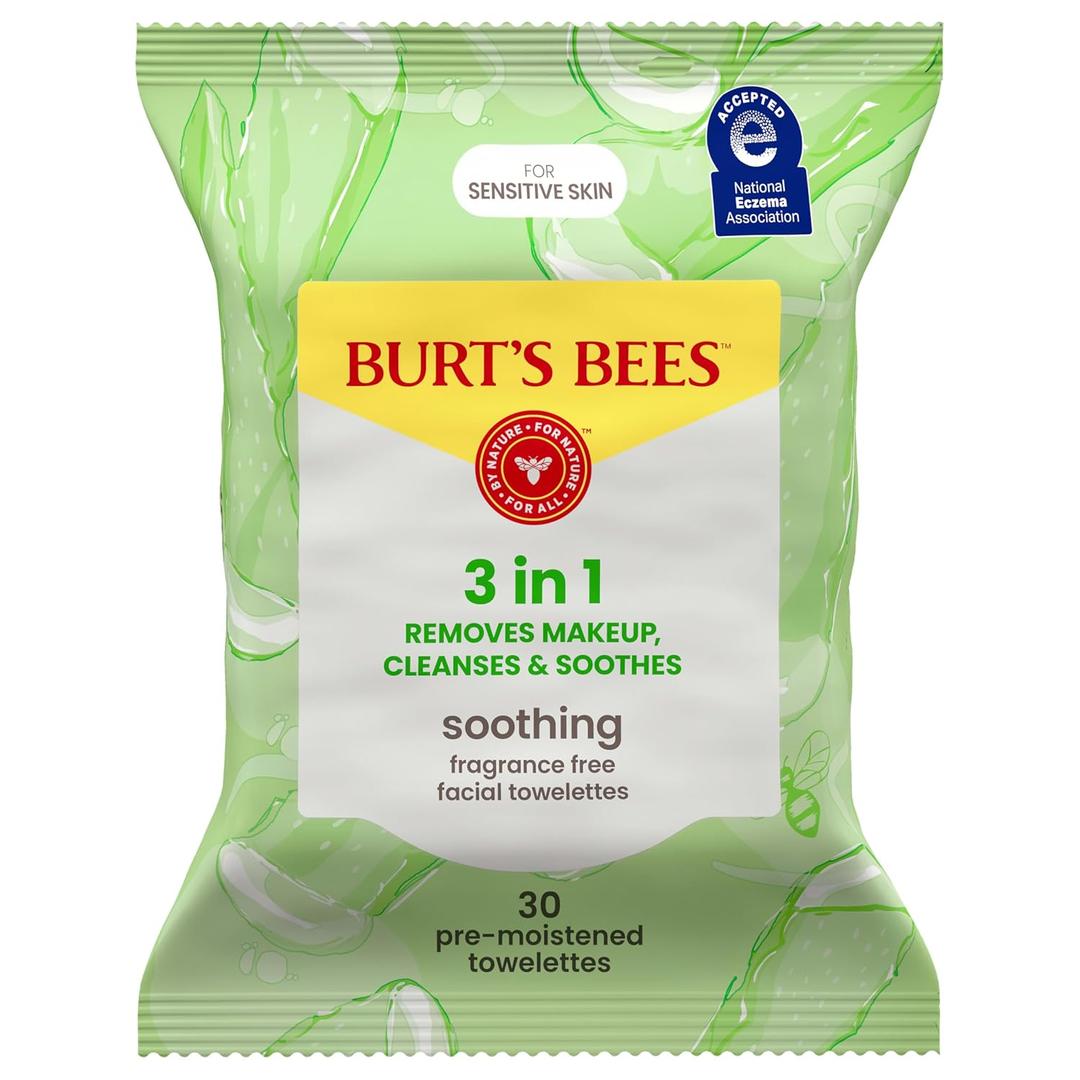 Burts Bees Soothing, Fragrance Free Facial Towelettes for Sensitive Skin, Aloe Vera, 100% Plant Based Cloths; 99% Natural Origin; Removes Makeup, Dirt and Oil; No Rinsing