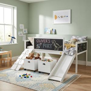 Bellemave Twin Size Loft Bed with Slide and Ladder and 2 Storage Boxes, Wood Low Loft Bed for Kids Boys Girls, White