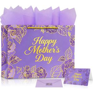 3 x Xustanina 13" Large Rose Purple Gift Bag Set, With Gilded Floral Pattern, Envelope, Greeting Card and Tissue Paper, Suitable for Mother's Day, Birthday, Wedding and Anniversary