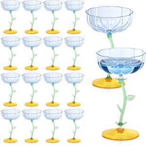 24 Pcs Blue Plastic Ribbed Coupe Glasses Detachable 7oz Flower Cocktail Glasses Modern Wavy Plastic Cocktail Coupes Disposable Martini Glasses Mimosa Glassware champagne goblets (24, Blue)