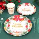 175 Pcs Christmas Paper Plates and Napkins Sets wreath, bell, bowknot Disposable Tableware Set Includes Dinner & Dessert Paper Plates, Napkins, Cups & Forks Christmas Party Supplies Serve 25 (Red)