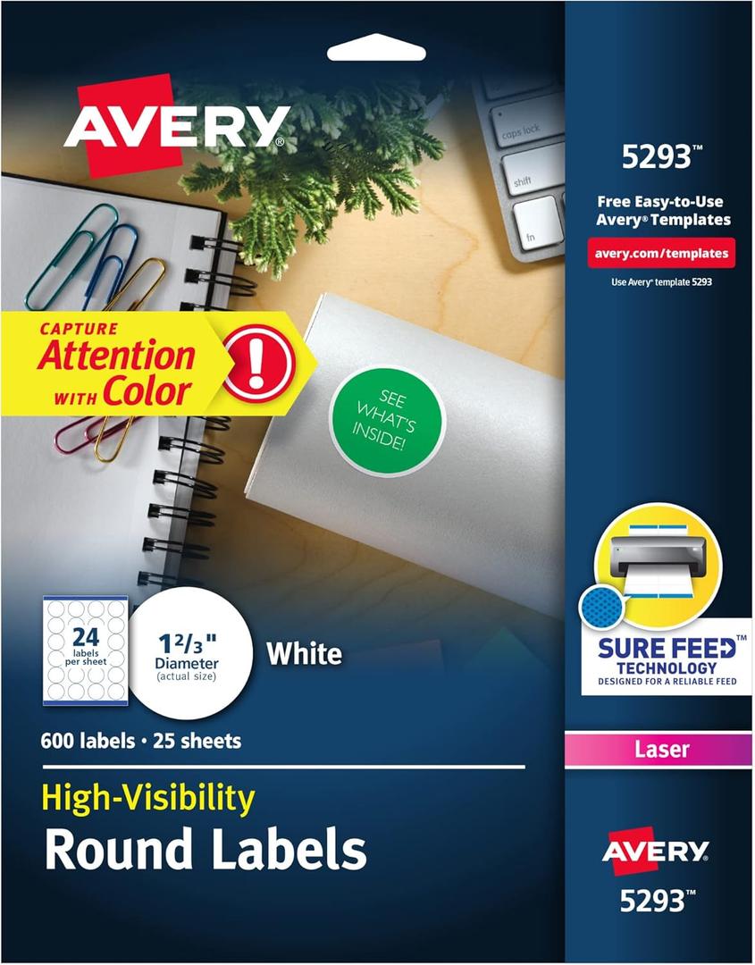 Avery Round Printable Labels, 1-2/3" Diameter, Matte White, Sure Feed Technology, Laser & Inkjet Compatible, 600 Blank Labels Total, Great for Branding, Packages, School Supplies, and More (5293)