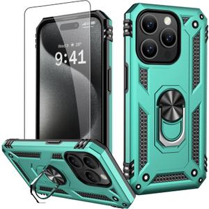2 x IKAZZ for iPhone 15 Pro Case 6.1 Inch with Screen Protector,Military Grade Shockproof Heavy Duty Protective Phone Cover Pass 16ft Drop Test with Magnetic Kickstand Car Mount Holder,Turquoise