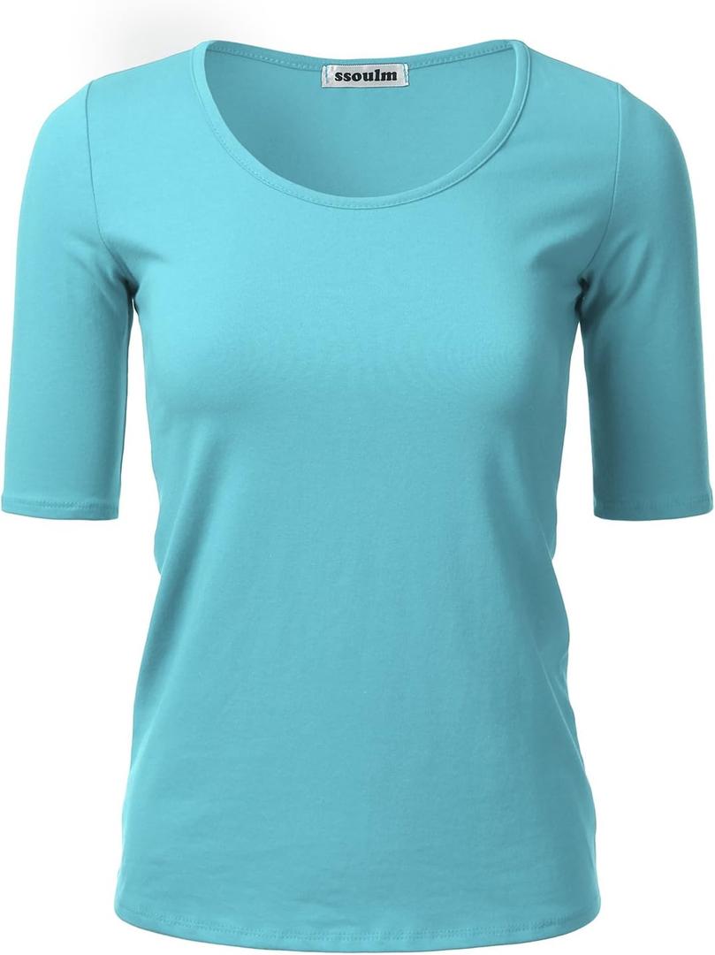 SSOULM Women's 1/2 Sleeve Scoopneck Cotton T-Shirt - Basic Slim Fit Stretch Top (Blue, L)