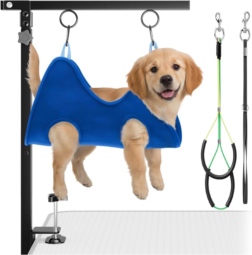 Adjustable Foldable Dog Grooming Arm with Clamp, 26-40 in Height, Safety Hammock & No-Sit Holders, Grooming Restraint for Small & Medium Dogs