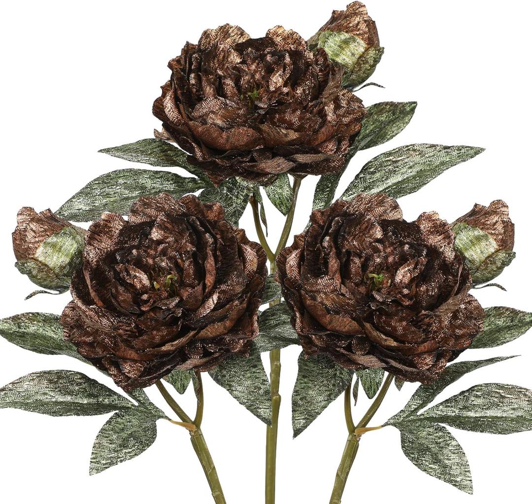 Briful 3PCS Artificial Christmas Peony Flower Stems, 15in Silk Peonies with Bud Fake Peony Floral Arrangement for Xmas Home Vase Party Wedding Bouquet Decor, Coffee Brown
