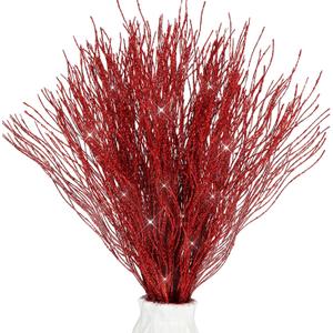 Lyrow 30 Pcs 17 Inch Christmas Glitter Curly Ting Ting Branches Sticks Stems Decorative Vase Filler Branches Artificial Curly Wispy Willow Twigs for Christmas Wreath Home Craft Decor (Red)