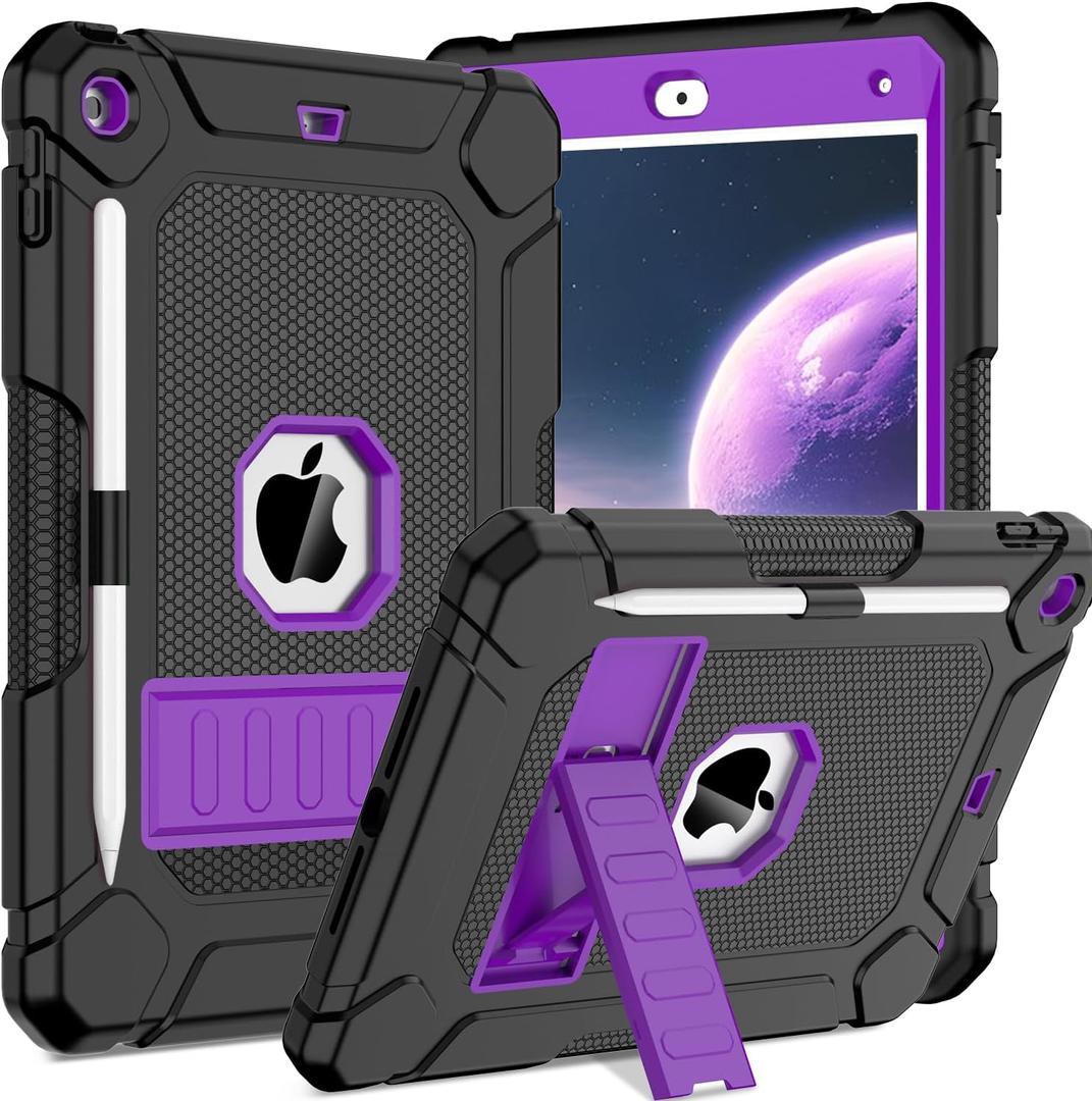 BMOUO Case for iPad 9th 8th 7th Generation (10.2 inch, 2021/2020/2019), Shockproof Protective iPad 10.2 Case with Built-in Stand/Pencil Holder, Black and Purple