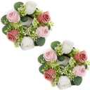 NUPTIO Small Flower Rings for Centerpieces: 9.05 Inch Dusty Rose & White Candle Rose Wreath for Wedding Party Christmas Decorations - Spring Summer Front Door Porch Decor 2 Pcs