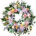 Idyllic 22 Inch Spring Summer Wreath for Front Door with Pink Blue Roses and Hydrangeas Romantic Artificial Flower Wreath for Indoor Outdoor Wedding Porch and Wall Decor