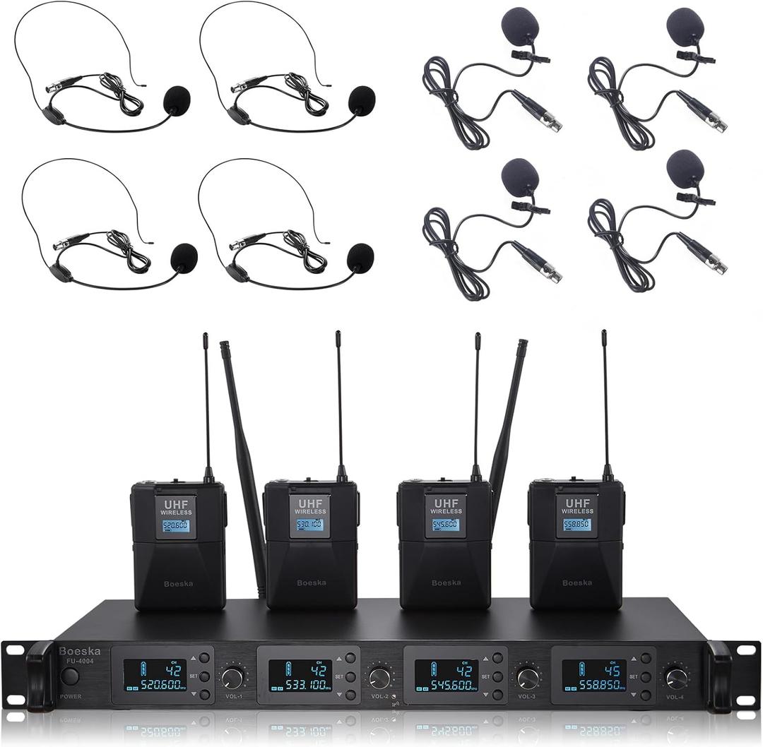Wireless Microphone System 4 Channel UHF 4 Lavalier Lapel Headset Mics for Karaoke Church Speaking Conference Meeting Party, 4x25 Adjustable Frequency (4 Bodypack)