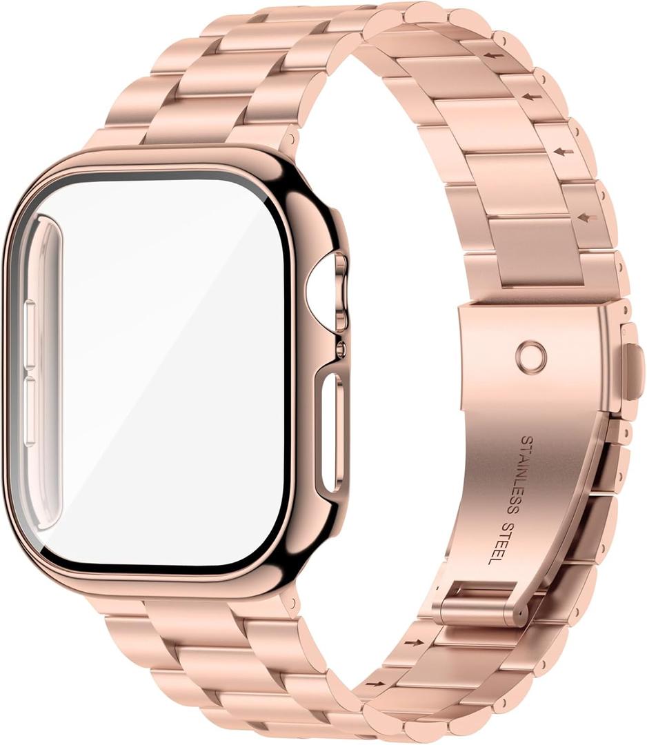 iiteeology Compatible with Apple Watch Band 42mm Series 11 Series 10, Upgraded Stainless Steel Band with iWatch Screen Protector Case for Men Women Rose Gold/Rose Gold