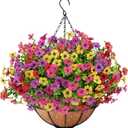 Roberly Artificial Hanging Flowers for Outdoors with Hanging Basket Fake Silk Flowers Plastic Faux Plants UV Resistant for Spring Summer Front Porch Porch Patio Garden Home Decor, Mixed Color