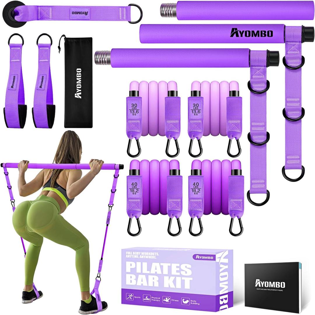Pilates Bar Kit with Resistance Bands, Pilates Workout Equipment for Legs, Hip, Waist, Arm, Squats Exercise Equipment for Home Workouts, Adjustable 3-Section Pilates Bar Kit for Women & Men (Purple)