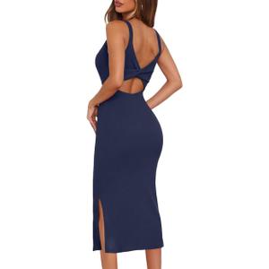 oten Women's 2026 Sexy Sleeveless Twist Backless Knitted Ribbed Side Split Bodycon Party Midi Length Dress (Navy Blue)