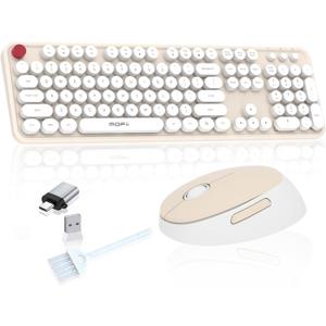 Cream Wireless Keyboard Mouse, COOFUN 104 Keys Full Size White Keyboard Ergonomic Cordless Keyboards Cute Colorful Retro Typewriter Key Board for Windows, PC, Laptop, Desktop (Creamy)