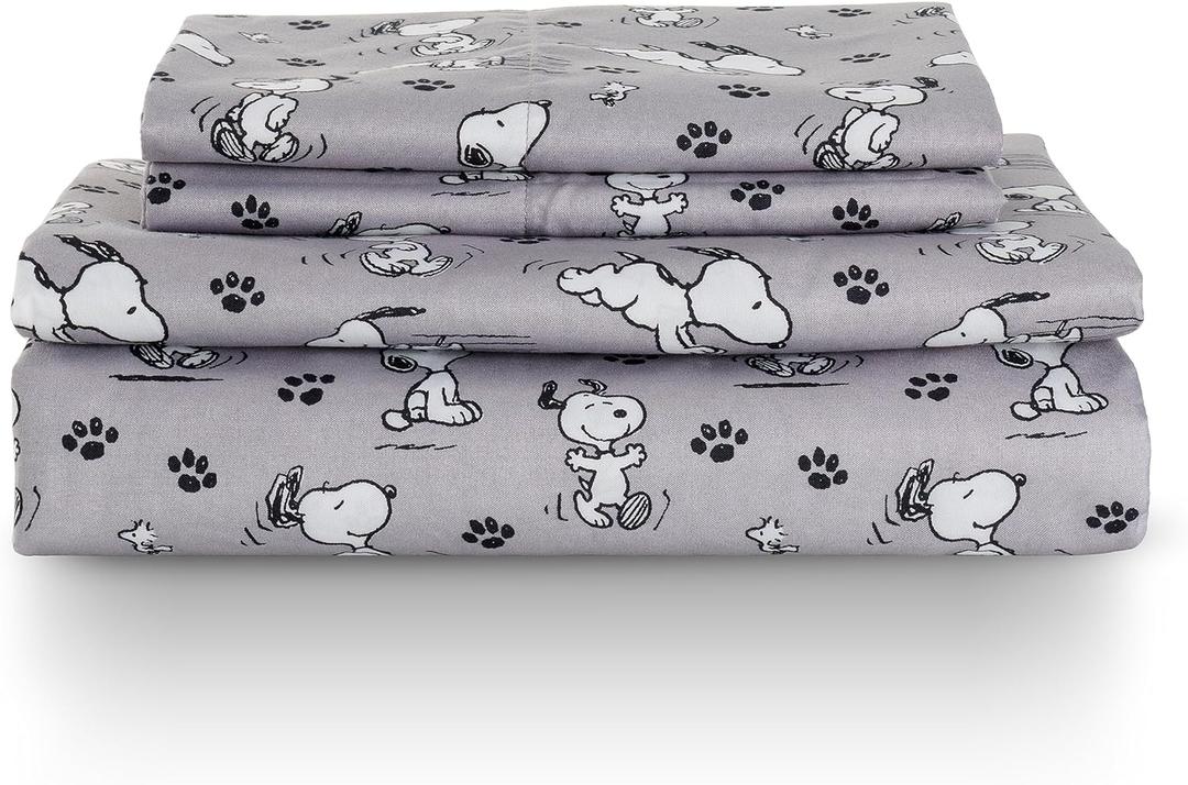 Berkshire Blanket Peanuts Kids Sheet Set, Full Size - 4 Pieces, Peanuts Mini Poses and Paws Grey, Cute Character Snoopy Printed Soft Microfiber Bed Sheets (Peanuts Poses and Paws Grey)