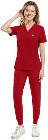 UnionMed Tech Scrubs for Women Set, V-Neck Scrub Top & Joggers Pants Sets, Slim Quick-dry Anti Wrinkle Yoga Waistband XL