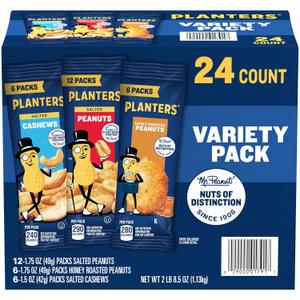 PLANTERS Peanuts and Cashews Variety Pack, 40.5 oz. (24 Count (Pack of 1)) BB 4/24/25 PLANTERS Peanuts and Cashews Variety Pack, 40.5 oz. (24 Count (Pack of 1)) BB 4/24/25