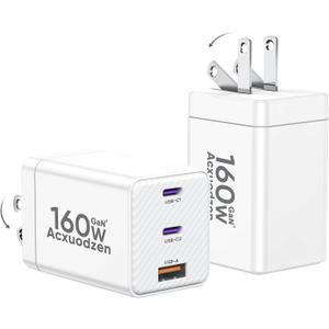 [2 Pack] USB C Charger Block 160W, 3-Port GaN Super Fast Charger, Dual 65W Type C Charging Block, Foldable QC3.0 Laptop Fast Charging for MacBook, iPhone, Samsung, Galaxy, iPad, Android, White
