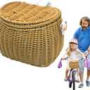 Bike Basket,Kids Bike Basket Front,with Adjustable Leather Straps,Weatherproof Premium Hand-Woven Rattan Storage Bicycle Basket for Boys Girls Bicycle Accessories