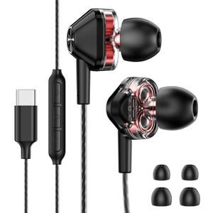 USB-C Wired in-Ear Earbuds, Dual Driver Hi-Fi Headphones with Mic, Noise Isolating Fit, Deep Bass, 5 ft Long Tangle-Free Cable, for iPhone 17 16 15/Android/Samsung Phone, Laptop, Black