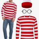 URATOT Adult Men Halloween Costume Sets Red and White Striped Tee Shirt Beanies with Nerd Glasses M