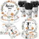 Spooky One Birthday Decorations for Boy,Halloween 1st Birthday Party Tableware Decorations Black Halloween Cartoon Ghost Pumpkin Leaves Wreath Disposable Plates Napkins Cups Forks and Knifes,Serve 24