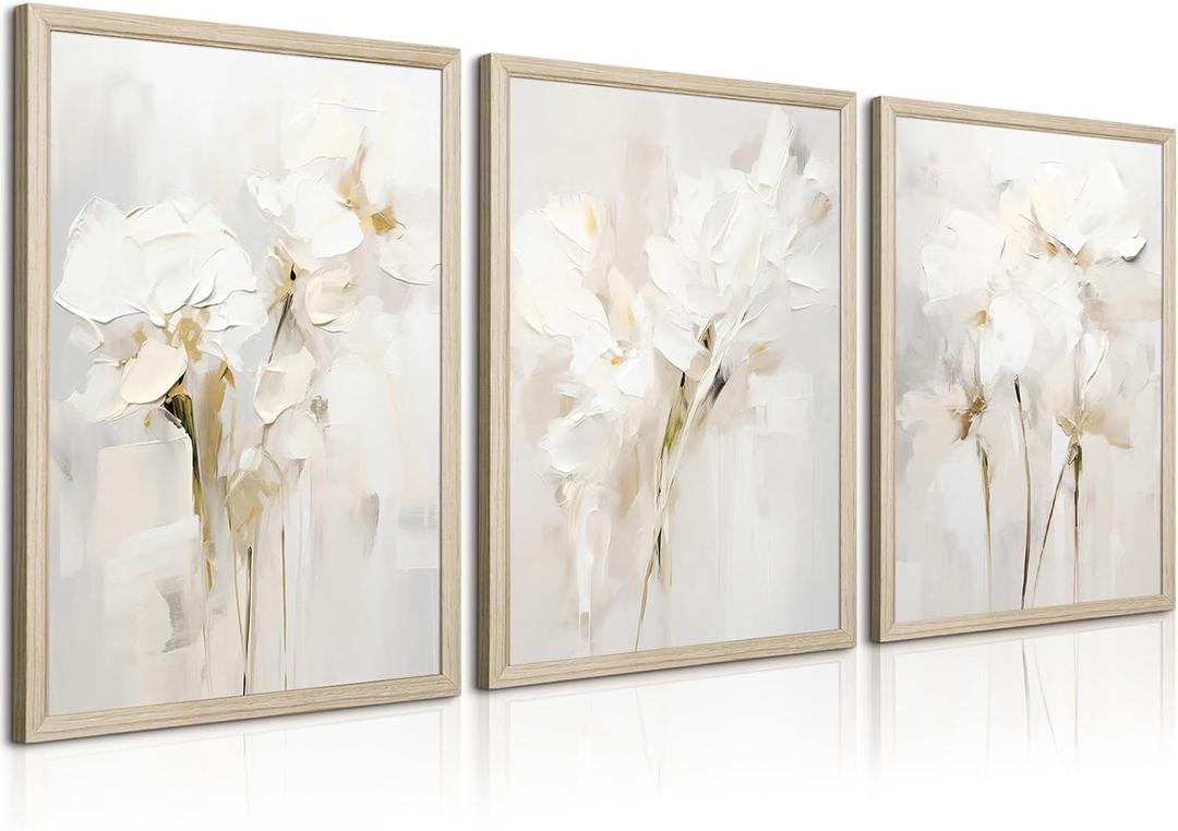 Neutral Wall Art Abstract Floral Canvas Pictures Beige Flower Wall Decor Modern Painting Minimalist Poster Abstract Botanical Prints White Artwork for Bedroom Living Room 16x24x3 Inch Wood Framed