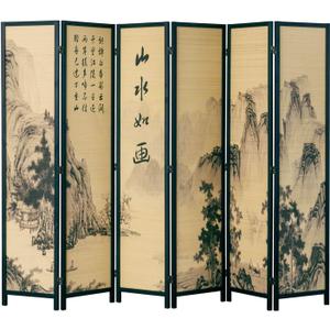 MyGift Decorative 6 Panel Folding Room Divider Bamboo Screen with Chinese Calligraphy Design, 6FT Freestanding Floral Artwork Room Partitioner with Black Wood Frame 94.5''W x 69''H
