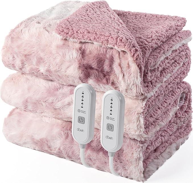 Dowin Electric Blanket King Size,100"x 90" Pink Heated Blanket Dual Controllers,Faux Fur & Sherpa, 5 Heating Levels & 10Hrs Auto Off, OverHeat Protect, ETL, Machine Washable, Pink