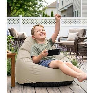 Outdoor Kids Bean Bag Chair - Small Beanbag Sofa with Shredded Foam Filling, Splash-Proof Detachable Zipper Cover with a Handle for Patio Poolside Relaxing, Beige, 2.5 Ft