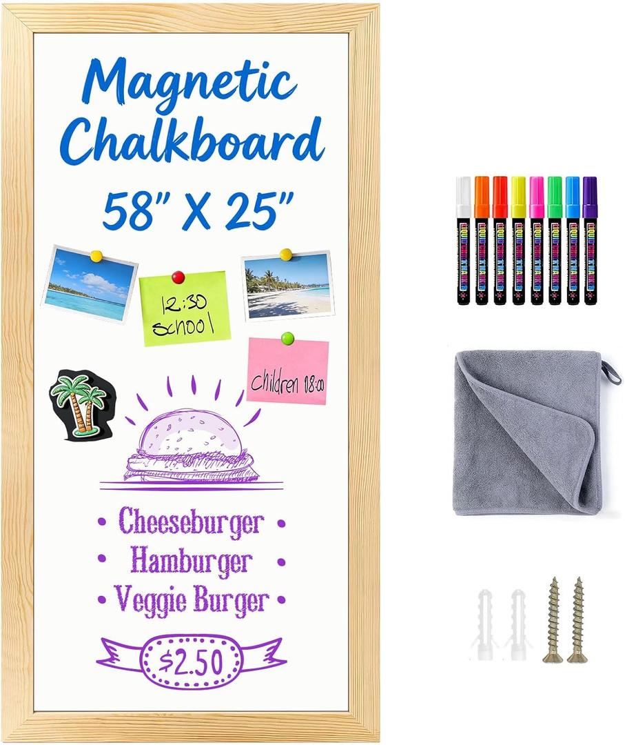 Large Magnetic Chalkboard for Wall, 58 x 25 Inch Solid Wood Framed Natural Whiteboard, Wall Mounted Chalk Board for Kitchen, Restaurant, Food Truck and Calendar Board