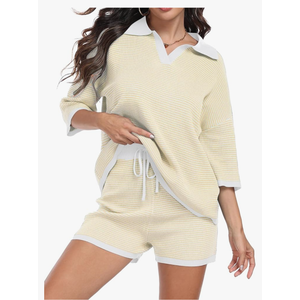 SeSe Code Striped Sweater 2 Piece Short Sets for Women, Oversized Knit Lounge Outfits for Summer Casual 2025, White Beige, Size