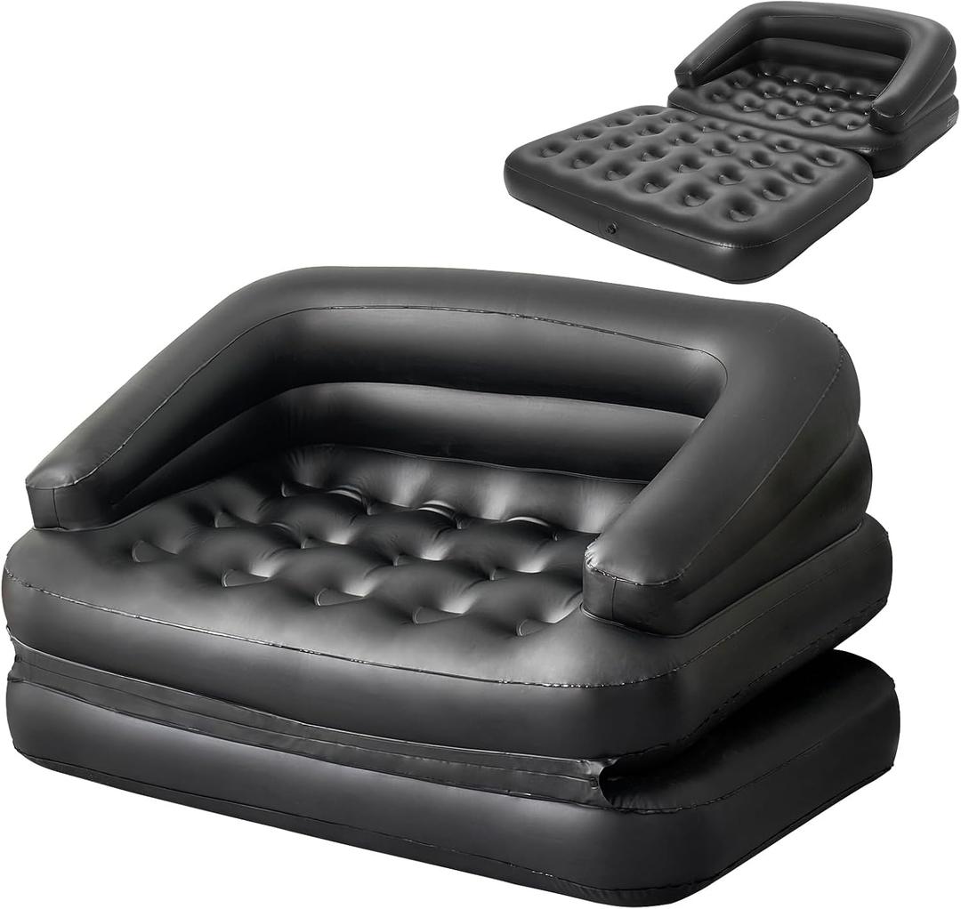 Inflatable Sofa Bed for Camping, Pool Float Couch Outdoor Mattress Bed with Armrest, Full Size, Black