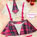 ShawGobow 5 Piece Cosplay Costumes For Women,Halloween Lingerie Outfits,Tie Crop Top & Plaid Skirt Set (Pink, S)