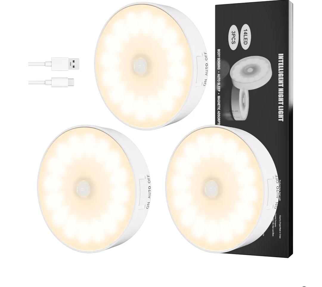 3 Pack Motion Sensor Light Indoor, Upgraded 14 LEDs Night Light USB Rechargeable, 3 Light Modes & Long Last Battery, Cordless Magnetic NightLight for Closet, Bedroom, Stairs - Warm White