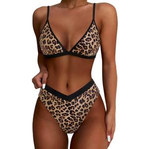 SUUKSESS Women Triangle High Cut Bikini Sets Sexy High Waisted 2 Piece Swimsuit (Medium, 57 Leopard Black)