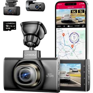 LD02 5K 3 Channel Dash Cam 5G WiFi with Free 64GB Card, 4K+1080P+1080P Front Inside and Rear Triple Car Camera, IR Night Vision Voice Control, Build-in GPS 24H Parking Mode, Easy to Install (LD02)